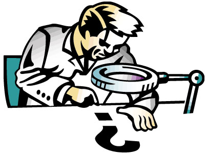 Man peering at a question mark through a large magnifier